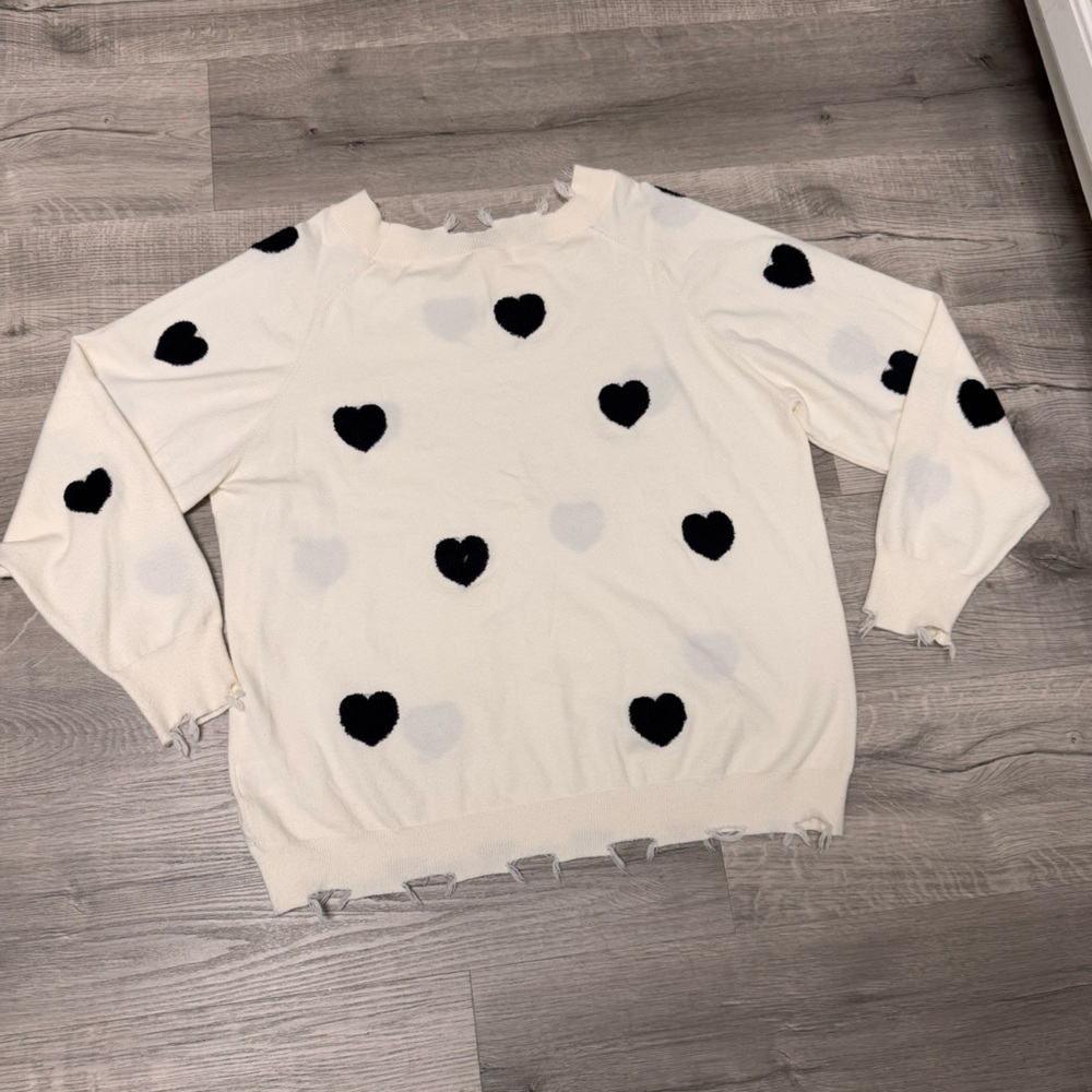 Aaron & Amber White Distressed Knit with Black Hearts Sweater